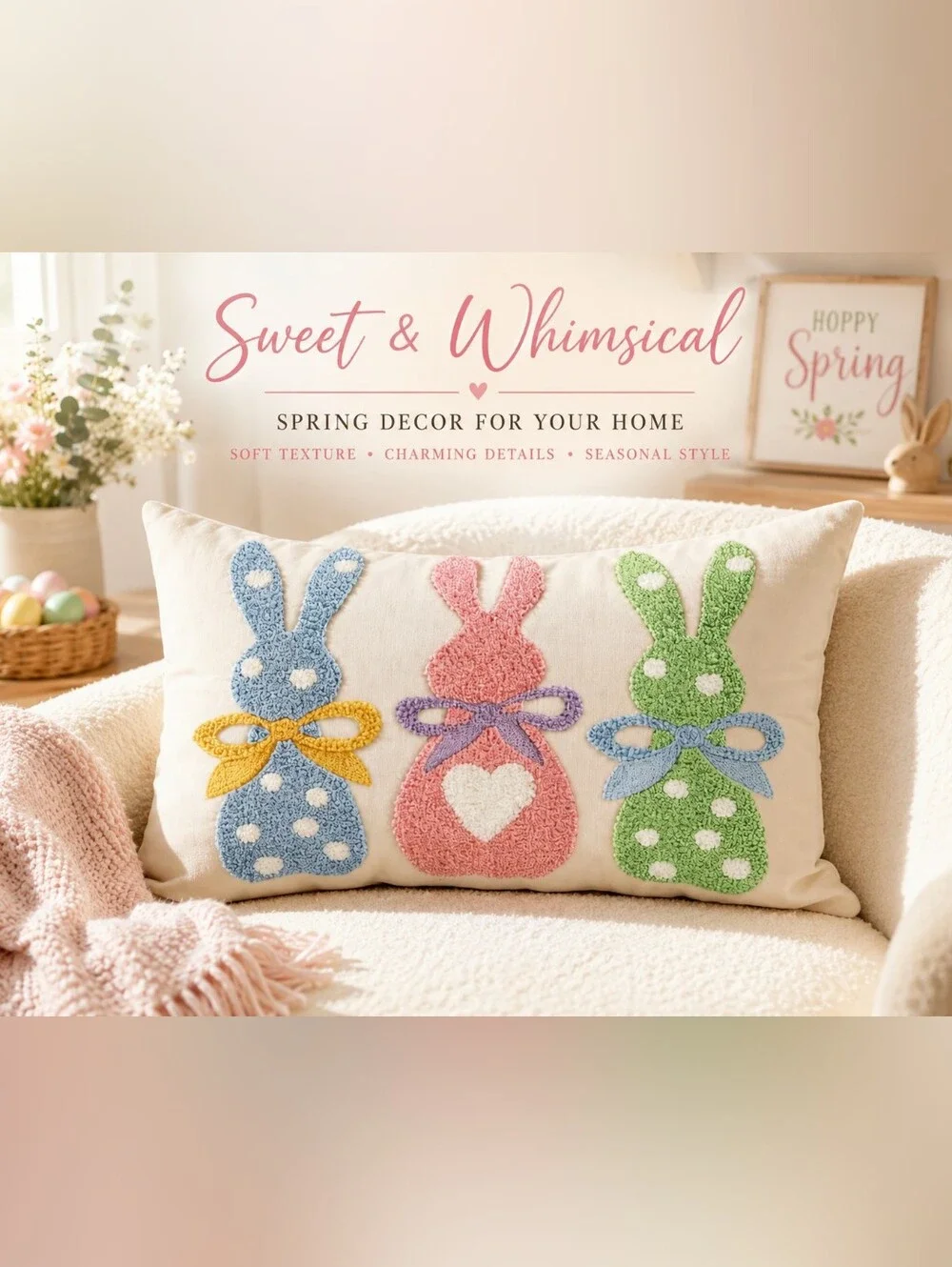 Spring Bunny Applique Throw Pillow - Pink, Blue & Green With Insert